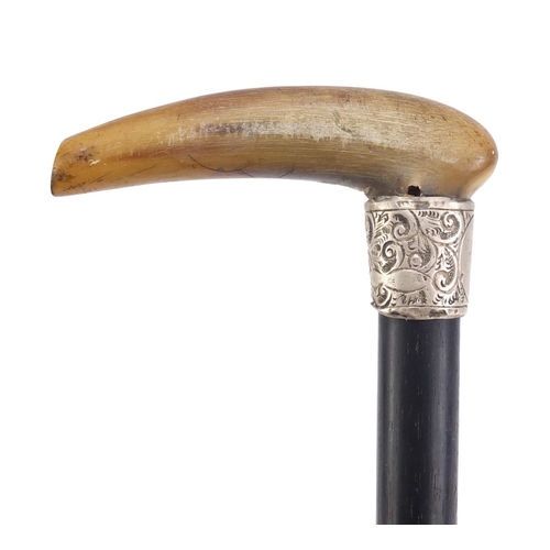 2790 - Horn handled ebonised walking stick with silver collar, 88.5cm in  length