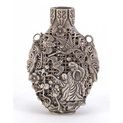 2944 - Chinese silver coloured metal snuff bottle, decorated with figures, 7.5cm high