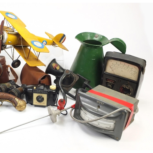 2490 - Miscellaneous items including Bull Dog binoculars, tin model aeroplane and a vintage voltage tester