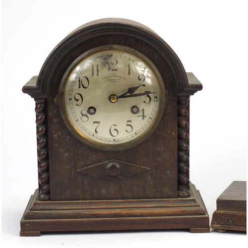 2618 - Two oak cased mantel clocks, one marked Wales and McCulloch Ltd, the largest 41cm wide