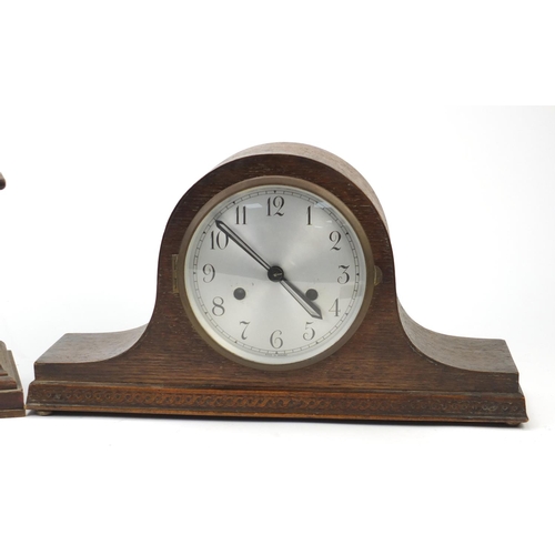 2618 - Two oak cased mantel clocks, one marked Wales and McCulloch Ltd, the largest 41cm wide