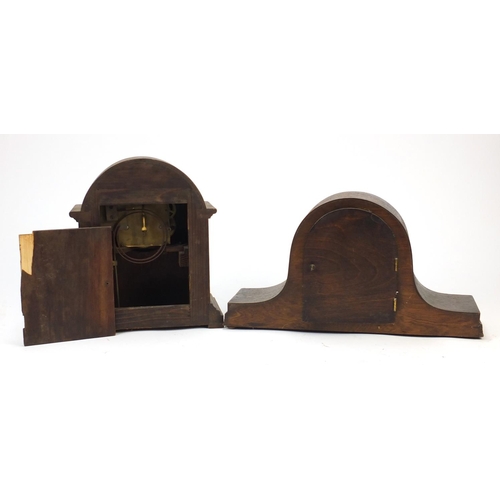 2618 - Two oak cased mantel clocks, one marked Wales and McCulloch Ltd, the largest 41cm wide