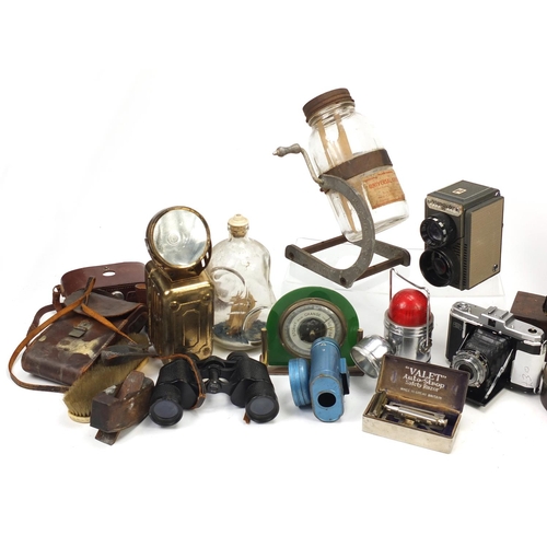 2347 - Miscellaneous items including vintage cameras, vintage lanterns, mythical pewter figures and a desk ... 