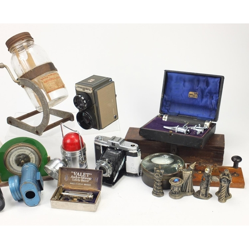 2347 - Miscellaneous items including vintage cameras, vintage lanterns, mythical pewter figures and a desk ... 