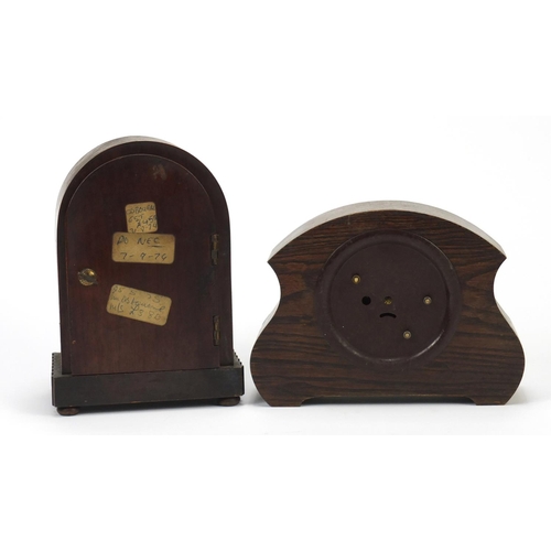 2264 - Two mantel clocks including a walnut dome topped example, the largest 18cm high