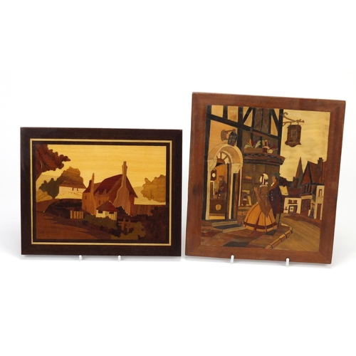 3013 - Two wooden parquetry panels of Victorian figures and a cottage, the largest 24cm x 21cm