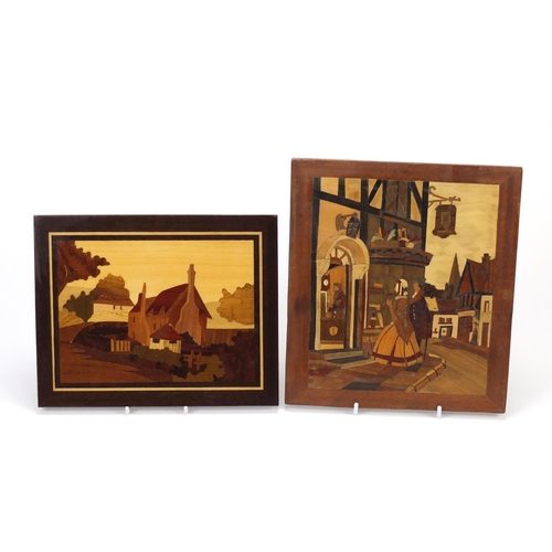 3013 - Two wooden parquetry panels of Victorian figures and a cottage, the largest 24cm x 21cm