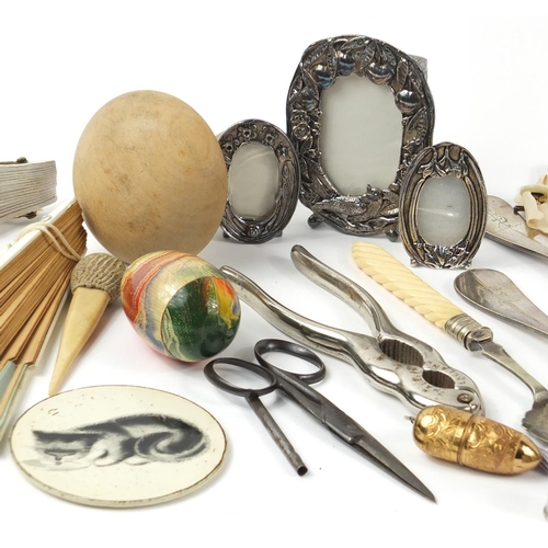 2756 - Mostly sewing items including thimbles, pin cushions, fans and frames