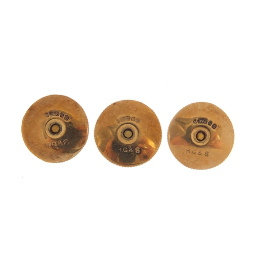 156 - Set of three 9ct  gold gentleman's studs, 2.8g, housed in a tooled leather fitted case