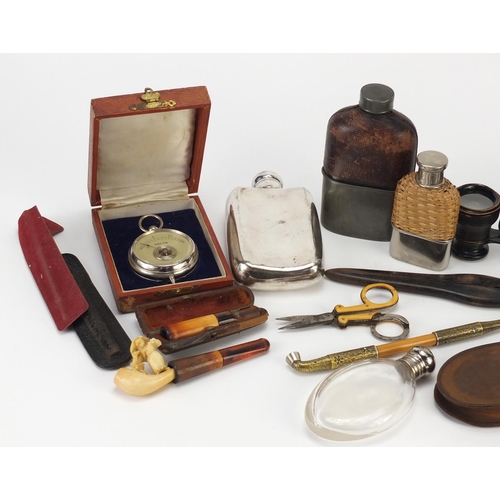 2542 - Objects including binoculars, hip flasks, Japanese opium pipe and and glove stretchers