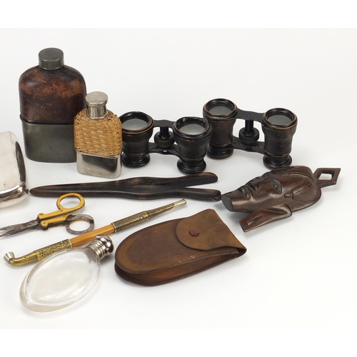 2542 - Objects including binoculars, hip flasks, Japanese opium pipe and and glove stretchers