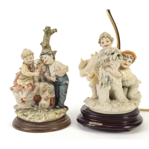 2644 - Capodimonte figural table lamp with shade and figure group, the largest overall 55cm high