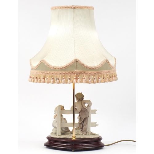 2206 - Capodimonte figural table lamp with shade, 67.5cm high