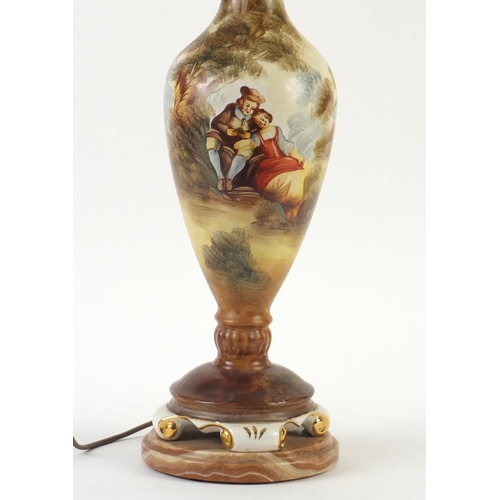 2656 - Victorian porcelain vase table lamp hand painted with a landscape, with shade, overall 92cm high