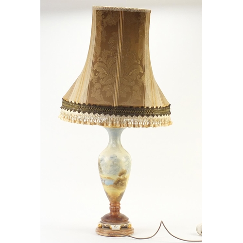 2656 - Victorian porcelain vase table lamp hand painted with a landscape, with shade, overall 92cm high