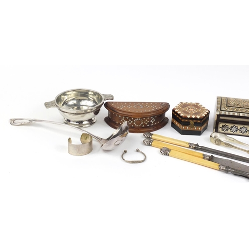 2544 - Sundry items including inlaid boxes, silver plate, two bangles stamped 925, cloisonne tape measure a... 