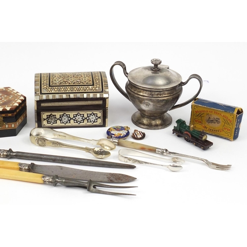 2544 - Sundry items including inlaid boxes, silver plate, two bangles stamped 925, cloisonne tape measure a... 