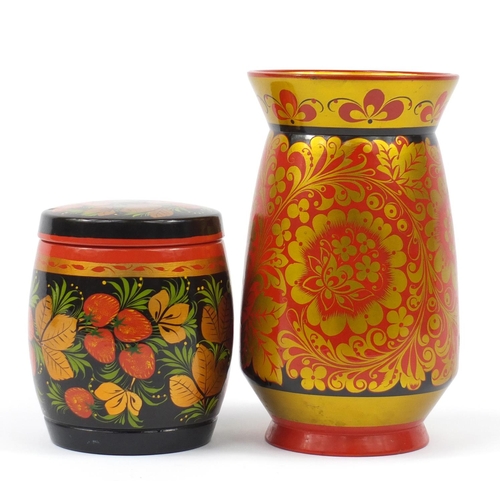 2268 - Russian lacquered vase and tobacco jar with cover, hand painted with strawberries, both with paper l... 