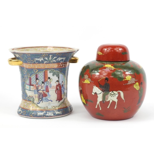 2248 - Chinese porcelain ginger jar with cover and vase with twin handles, the largest 18cm high