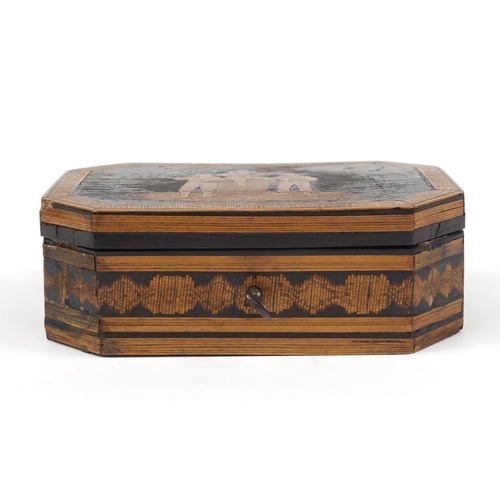 2865 - Italian Sorrento ware box with hinged lid, inlaid with three figures around a barrel, 17cm wide