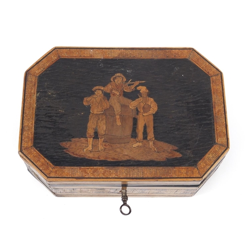 2865 - Italian Sorrento ware box with hinged lid, inlaid with three figures around a barrel, 17cm wide