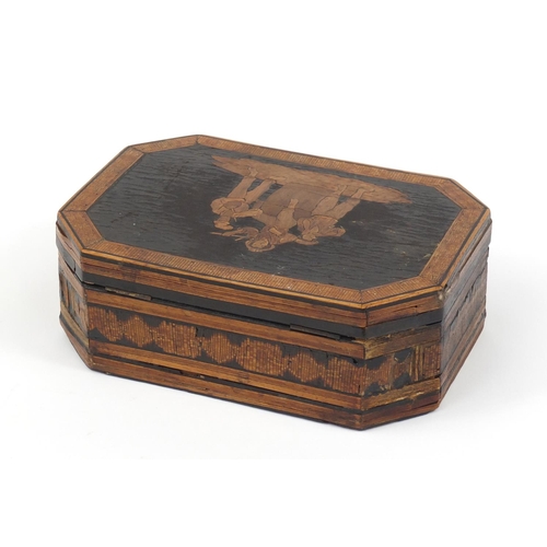 2865 - Italian Sorrento ware box with hinged lid, inlaid with three figures around a barrel, 17cm wide