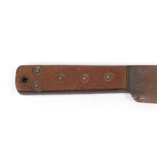 2947 - Military interest machete with leather sheath, 50cm in length