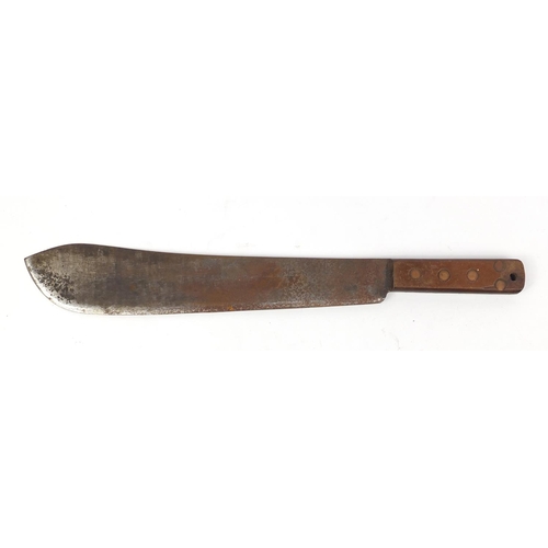 2947 - Military interest machete with leather sheath, 50cm in length