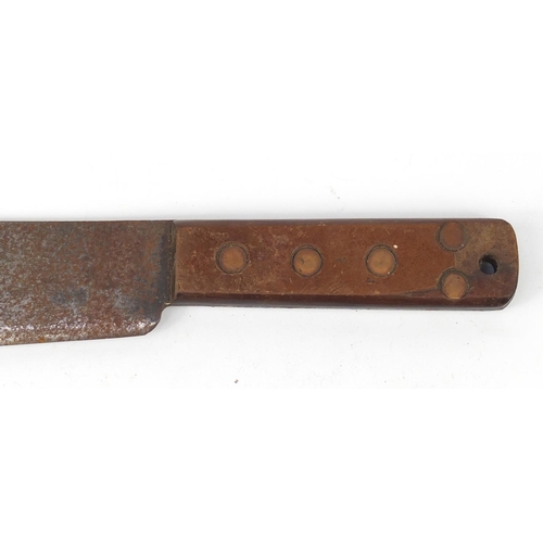 2947 - Military interest machete with leather sheath, 50cm in length