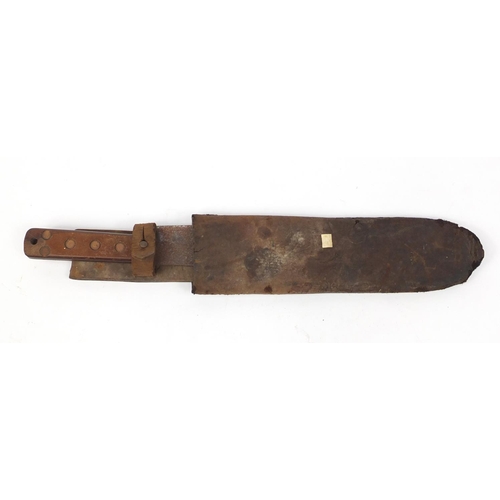 2947 - Military interest machete with leather sheath, 50cm in length