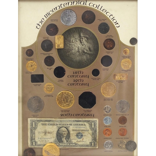 2789 - 20th century bicentennial coin collection by the Kennedy Mint, framed, 35cm x 27cm