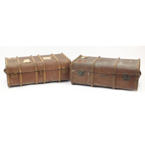 2027 - Two vintage wooden bound travelling trunks, 32cm H x 94cm W x 53cm D
