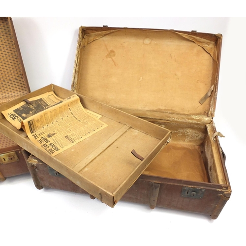 2027 - Two vintage wooden bound travelling trunks, 32cm H x 94cm W x 53cm D