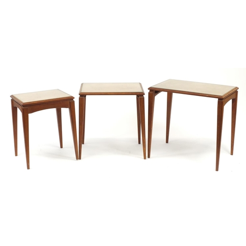 2014 - Nest of three mid century teak occasional tables with glass tops, the largest 50cm H x 53cm W x 37.5... 
