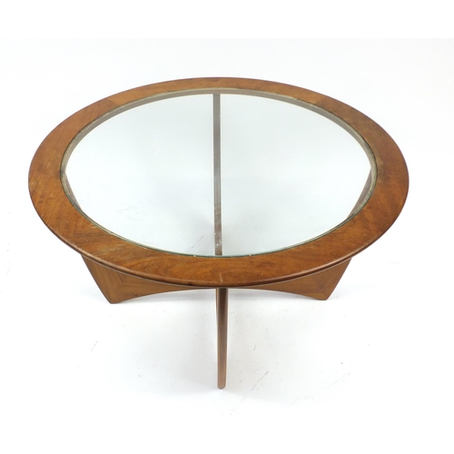 2003 - Circular G-Plan E Gomme coffee table with glass top, 45cm high x 84cm in diameter