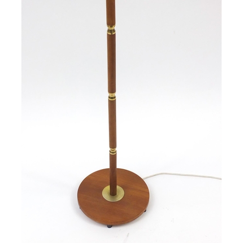 2089 - Teak and brass standard lamp with shade, 154cm high