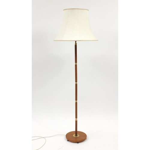 2089 - Teak and brass standard lamp with shade, 154cm high