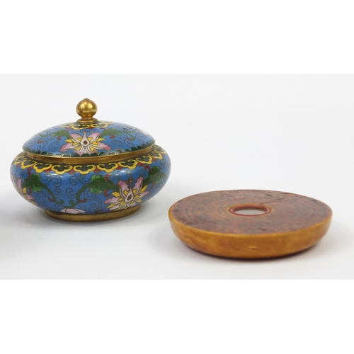 2943 - Chinese objects including Cloisonne pot and cover and perpetual calendar, the largest 11cm in diamet... 