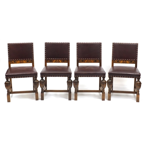 67 - Set of four Arts & Crafts inlaid oak dining chairs by James Shoolbred & Co, with carved cup and cove... 