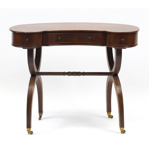 2002 - Edwardian inlaid mahogany kidney shaped side table with X shaped legs, 70cm H x 85cm W x 45cm D