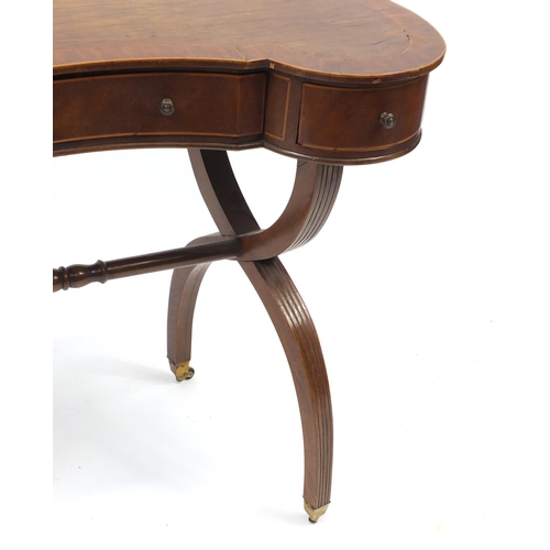 2002 - Edwardian inlaid mahogany kidney shaped side table with X shaped legs, 70cm H x 85cm W x 45cm D
