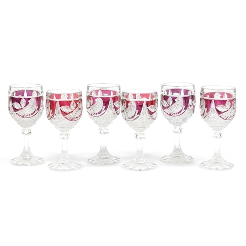 2550 - Set of six cranberry flashed glasses etched with birds, 16cm high