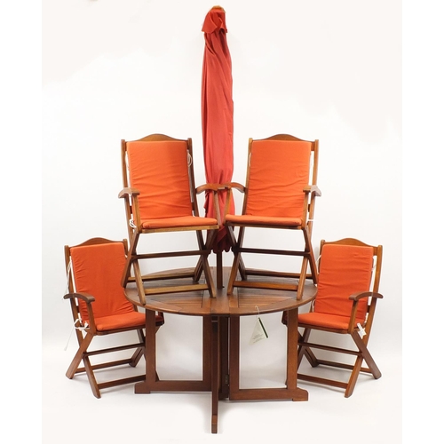 2008 - Firman teak folding garden table with four chairs and parasol