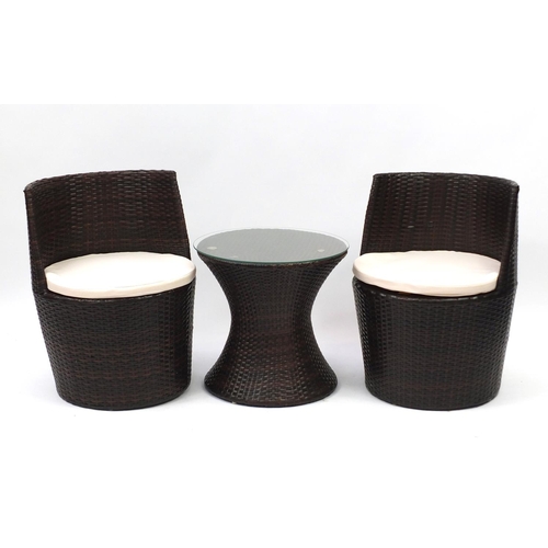 2082 - Pair of rattan tub chairs and occasional table, the chairs 68cm high
