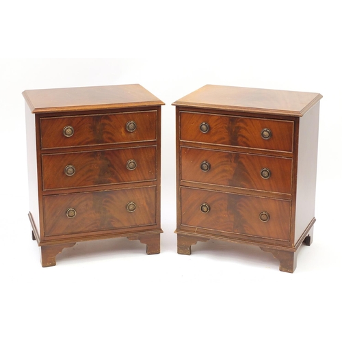 2060 - Pair of mahogany three drawer chests with brass ring handles and bracket feet, 70cm H x 55cm W x 38c... 