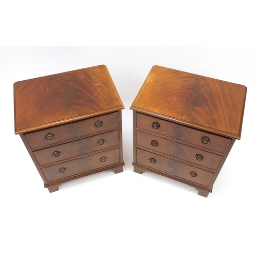 2060 - Pair of mahogany three drawer chests with brass ring handles and bracket feet, 70cm H x 55cm W x 38c... 