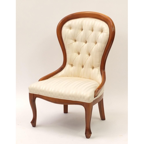 2052 - Mahogany framed bedroom chair with cream striped button upholstery, 91cm high