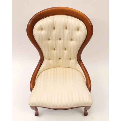 2052 - Mahogany framed bedroom chair with cream striped button upholstery, 91cm high