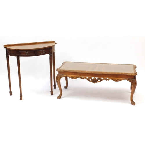 2080 - Carved walnut coffee table with glass top and a demi lune hall table