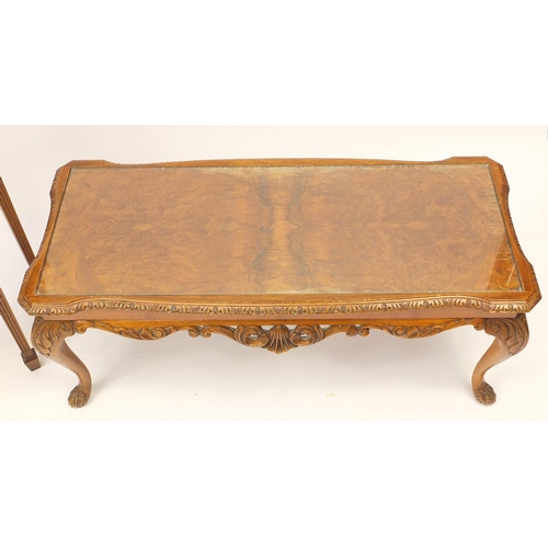 2080 - Carved walnut coffee table with glass top and a demi lune hall table